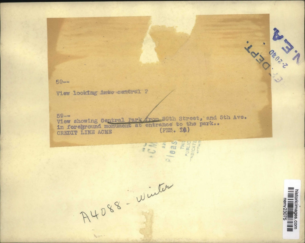 1940 Press Photo New York view of Central Park covered with snow NYC - neny23075