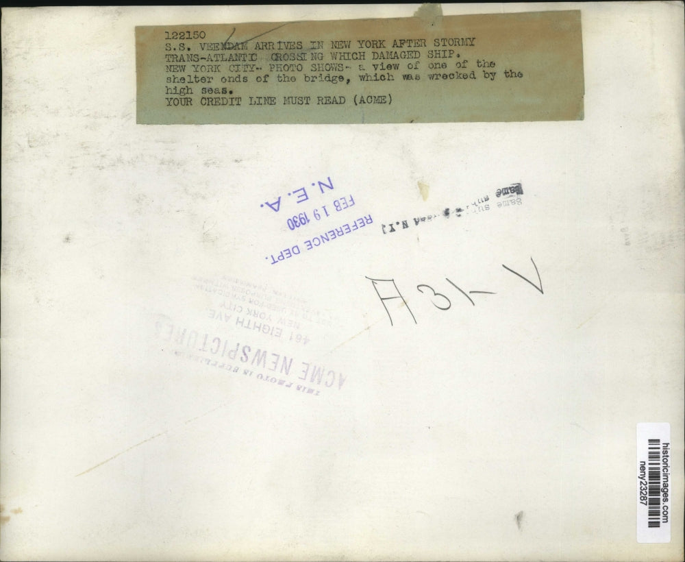 1930 Press Photo NEW YORK S.S. VEEMDAM ARRIVES IN NY AFTER CROSSING NYC