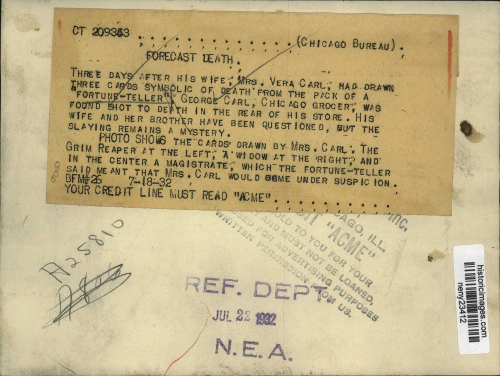 1932 Press Photo Cards drawn by Mrs. Carl before husband was shot - neny23412