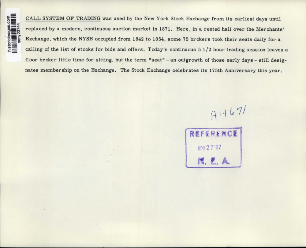 1967 Press Photo New York The Stock Exchange in its early days in 1871 NYC