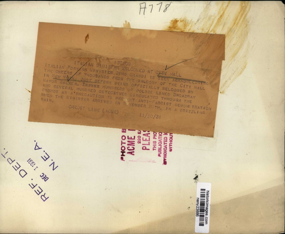 1931 Press Photo New York Italian Minister Dino Grandi welcomed NYC - neny23886