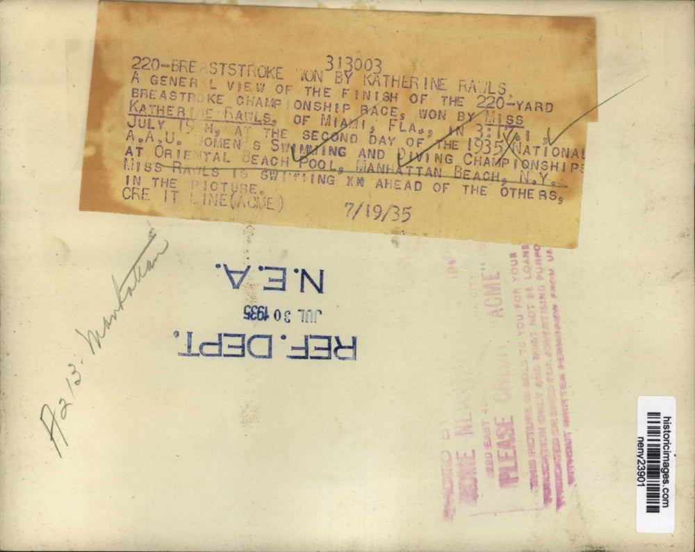 1935 Press Photo New YorkKatherine Rawls Wins 220-Yard Breaststroke AAU NYC