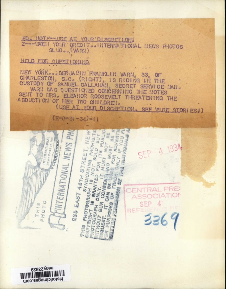 1934 Press Photo New York Benjamin Varn Held for Threatening Mrs Roosevelt NYC