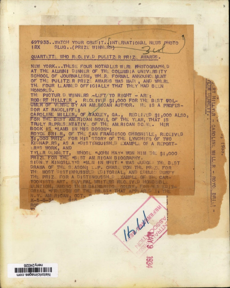 1934 Press Photo New York Four winners of Pulitzer Award for Journalism NYC