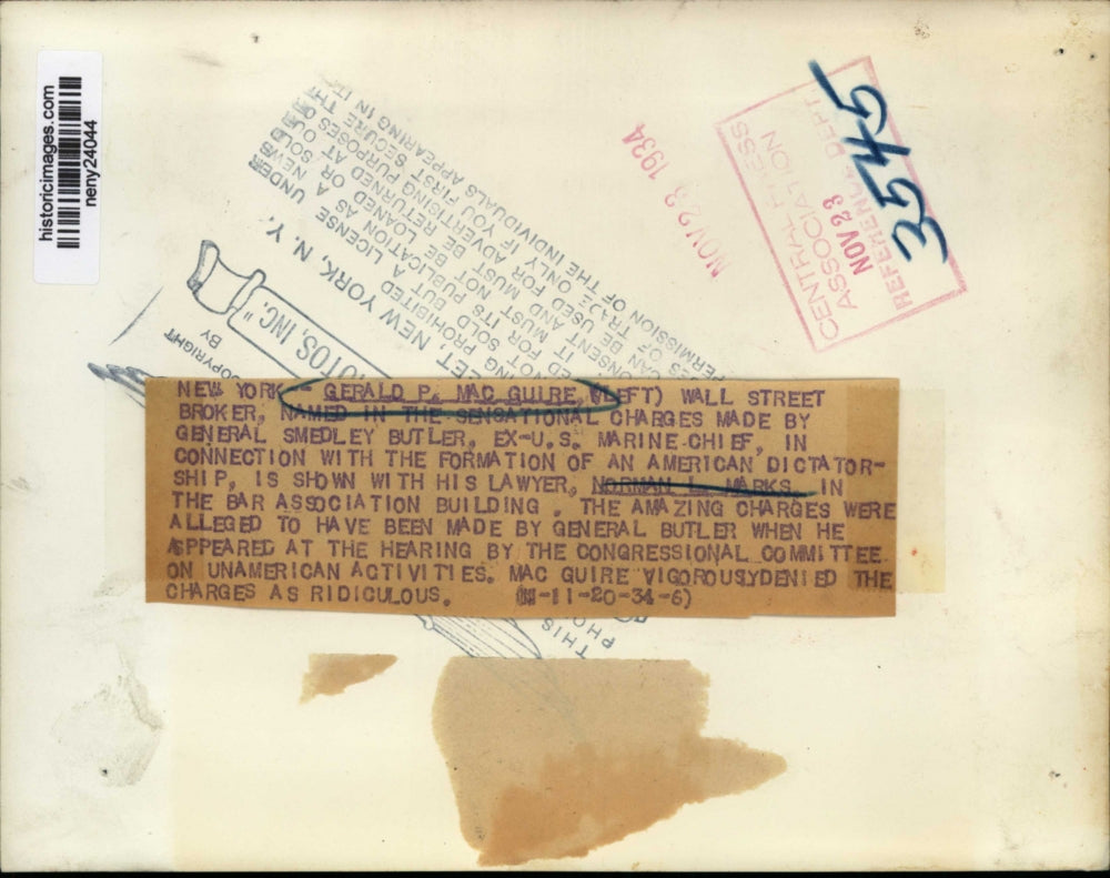 1934 Press Photo New York Broker Gerald P. MacGuire and Atty. Norman Marks NYC