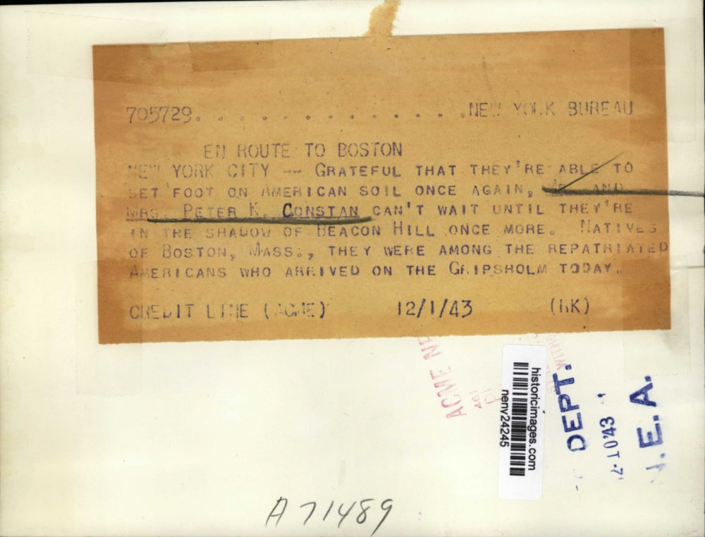 1943 Press Photo New York Peter Constan Arrives on Gripsholm NYC - neny24245
