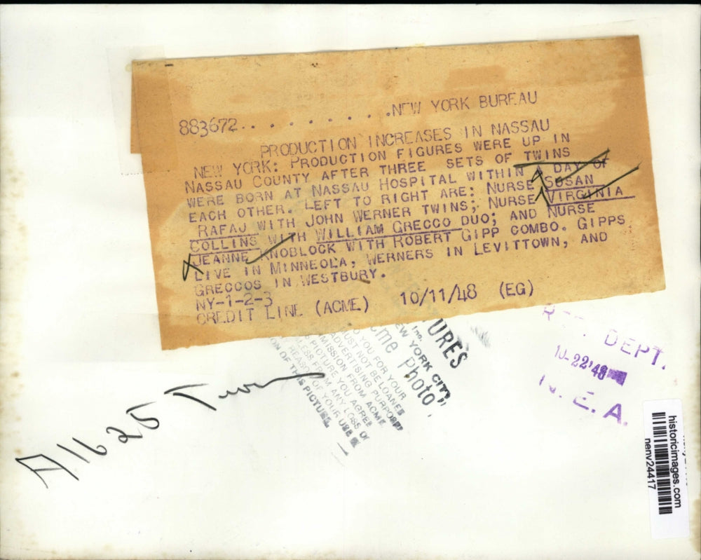 1948 Press Photo New York Three Sets of Twins Born at Nassau Hospital NYC