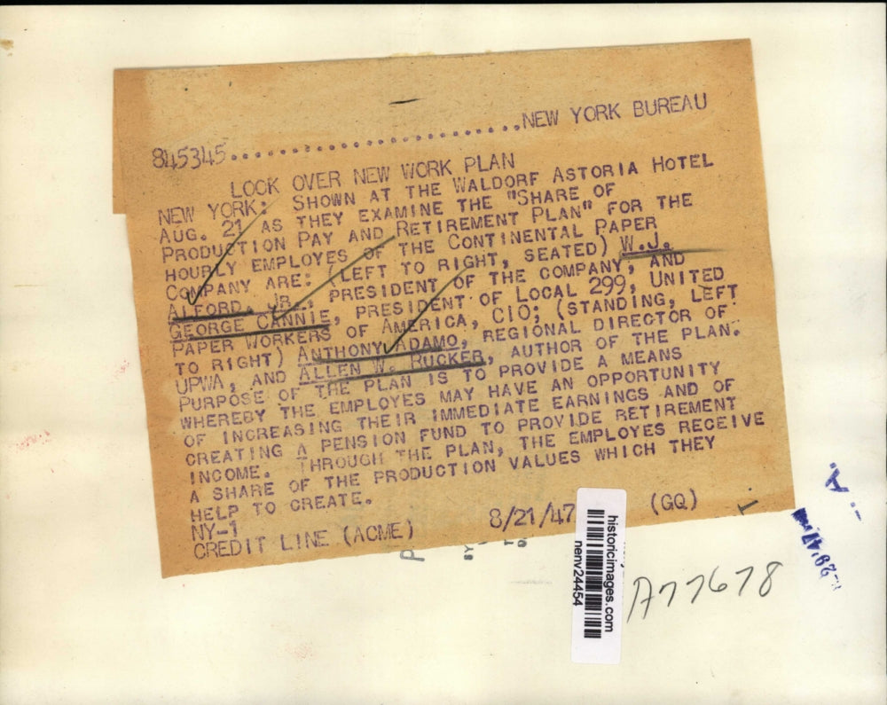 1947 Press Photo New York Share of Production Pay/Retirement Plan Review NYC