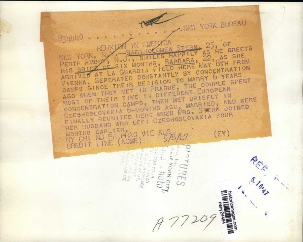 1947 Press Photo New York Bartholomew Stern Greets Bride at LaGuardia Field NYC