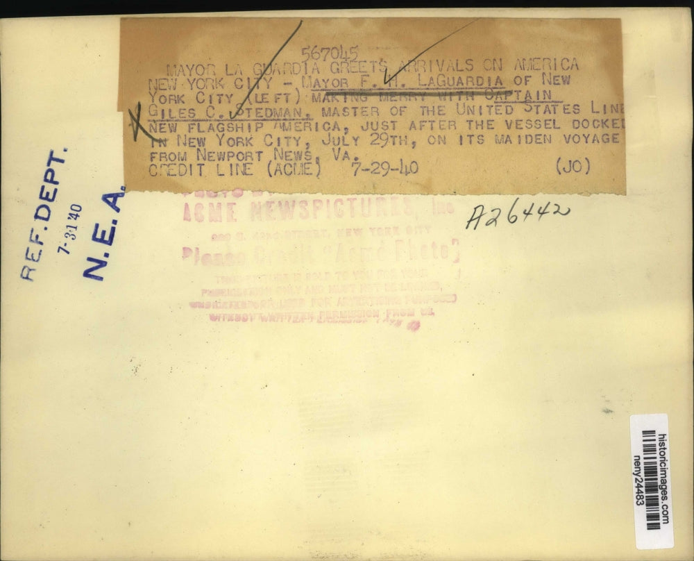 1940 Press Photo New York Mayor F.H. LaGuardia with Captain Giles C. Stedman NYC