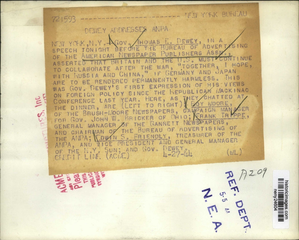 1944 Press Photo New York Thomas Dewey at American Newspaper Publishers Assn NYC