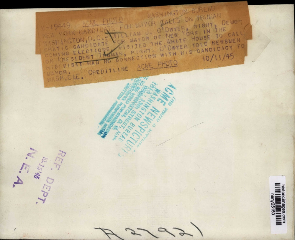 1945 Press Photo William O'Dwyer Visits President Truman Washington DC