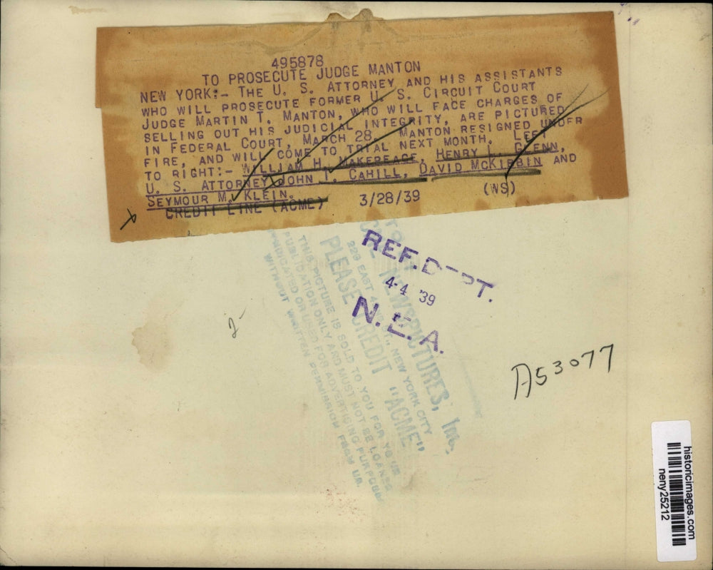 1939 Press Photo New York U.S Attorneys to prosecute Judge Martin Manton NYC