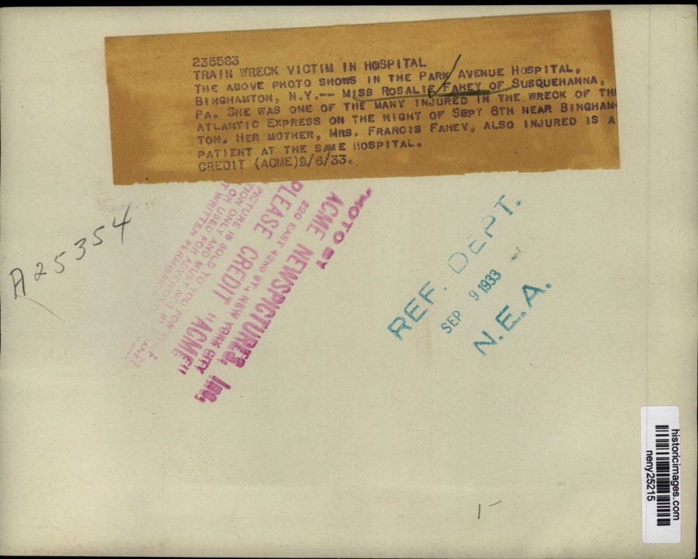 1933 Press Photo New York Rosalie Fahey injured in Train Wreck Atlantic Express