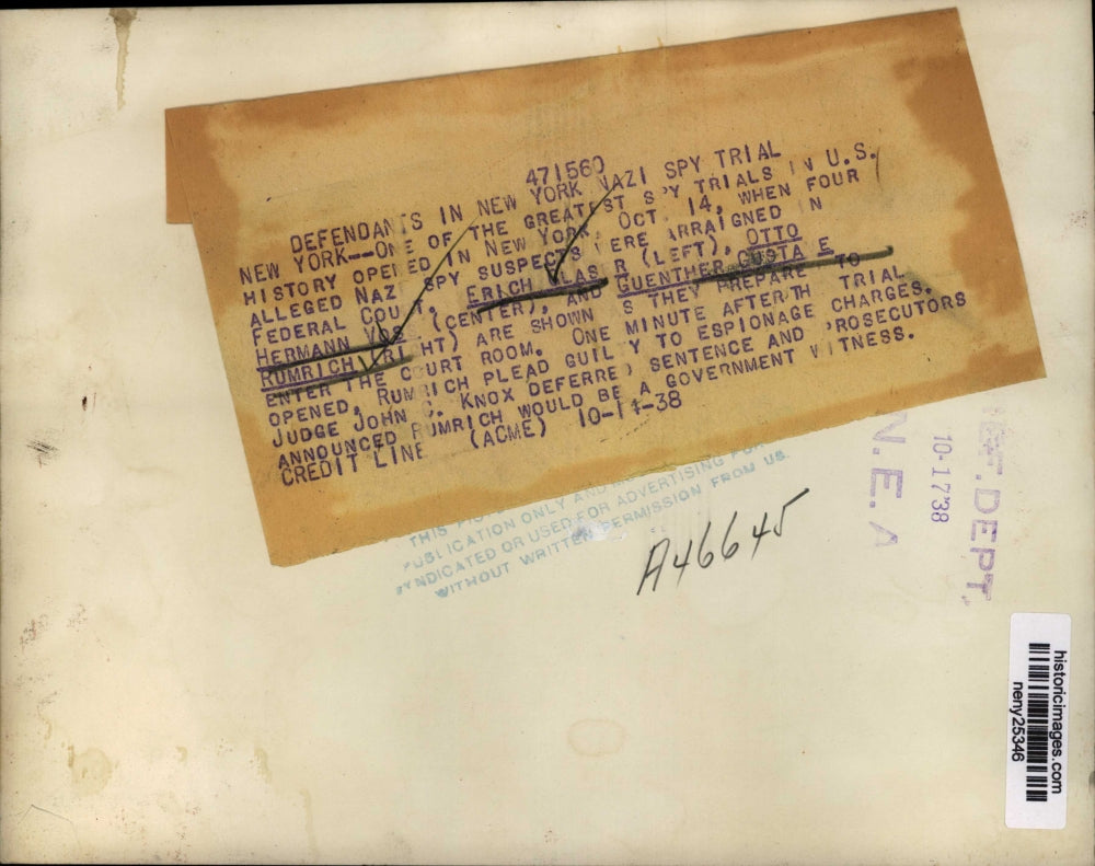 1938 Press Photo New York spy trial, Erich Glaseer, Otto H Vos in NYC