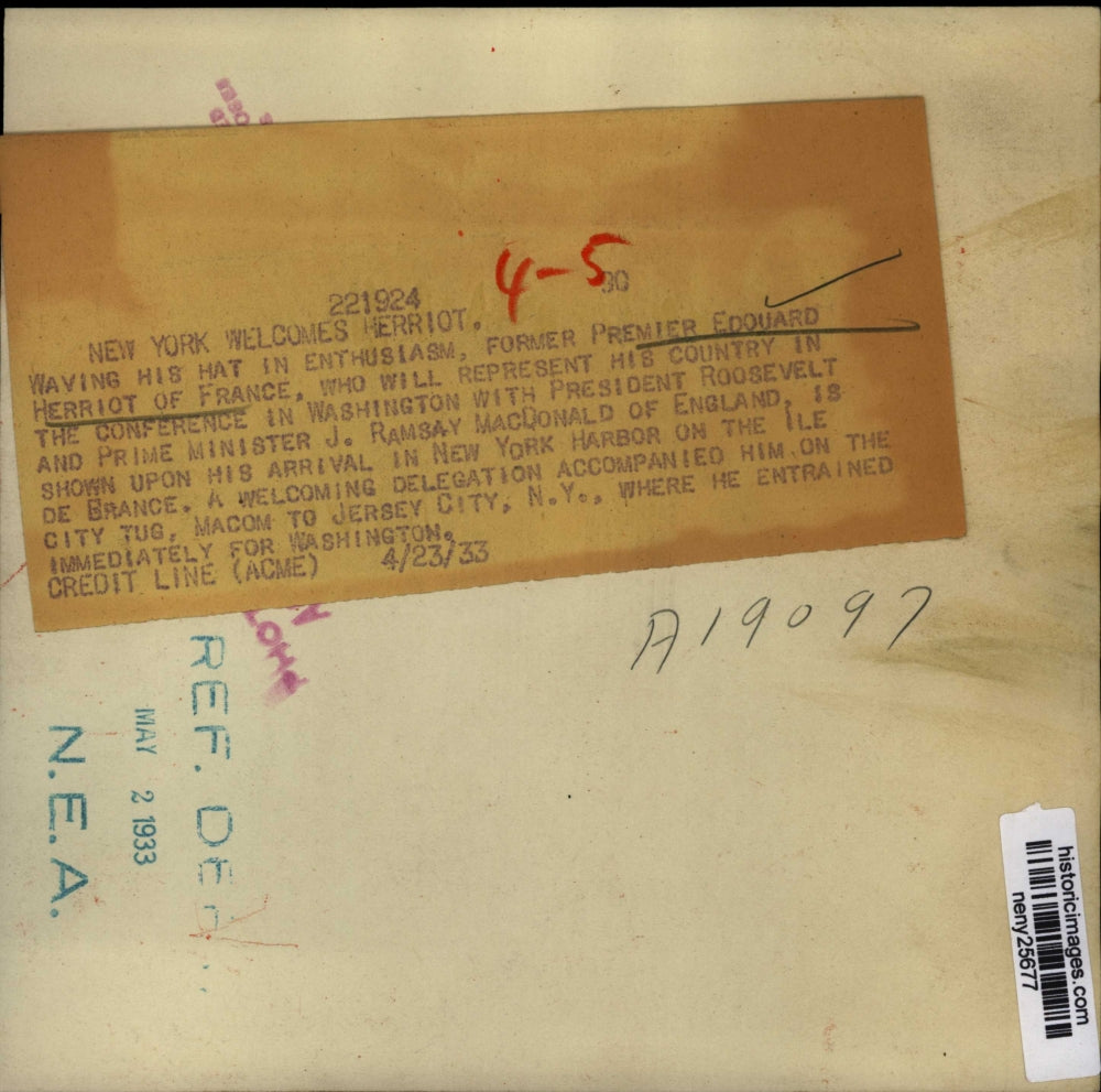 1933 Press Photo NEW YORK WELCOMES EDOUARD HERRIOT NYC - neny25677
