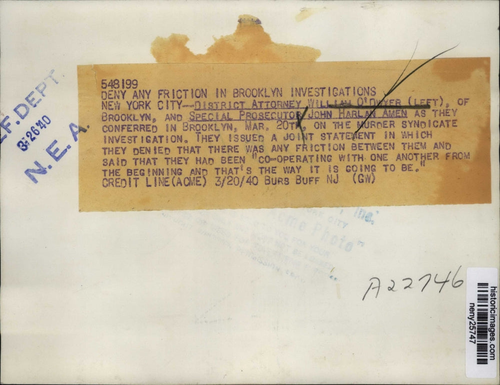 1940 Press Photo New York William O'Dwyer, John Amen Confer on Crime NYC