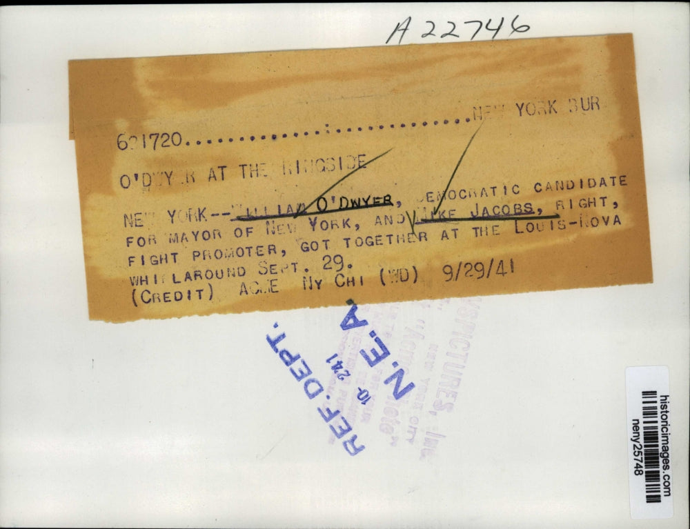 1941 Press Photo New York William O'Dwyer, Mike JAcobs at Louis-Nova Fight NYC