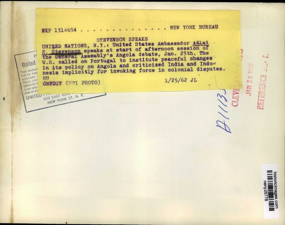 1962 Press Photo New York Adlai Stevenson General Assembly's Angola Debate NYC