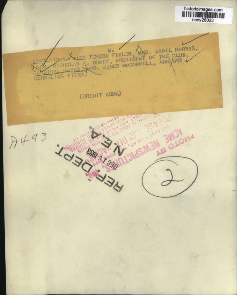 1933 Press Photo New York Cardinal Hayes, Mrs J McDonnell, T Fields in NYC