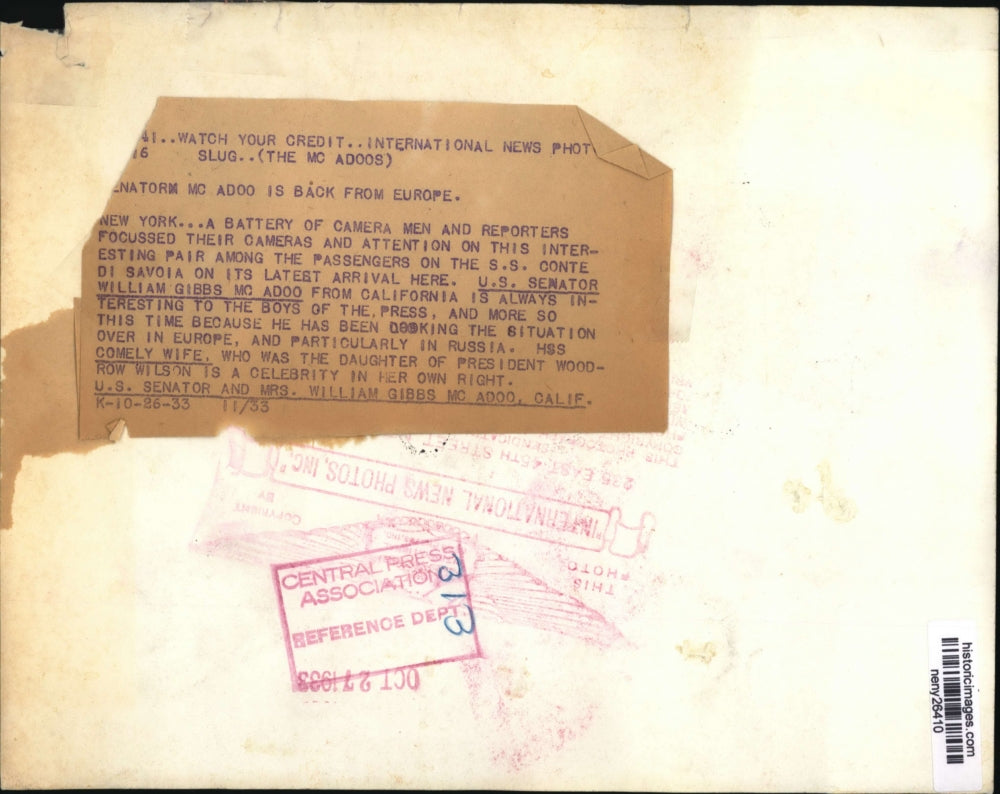 1933 Press Photo New York U.S Sen and Mrs. William McAdooo of Calif. NYC