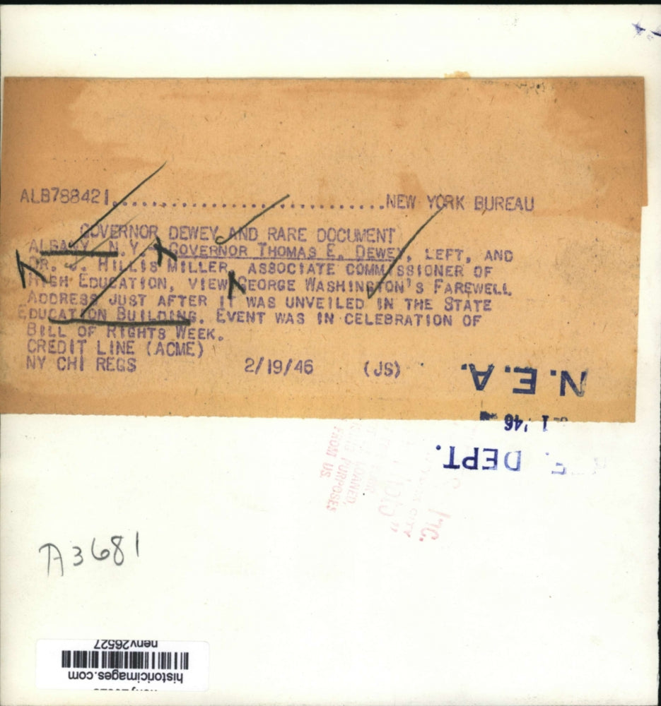 1946 Press Photo Albany NY Gov Thomas Dewey views Washington Address ANY