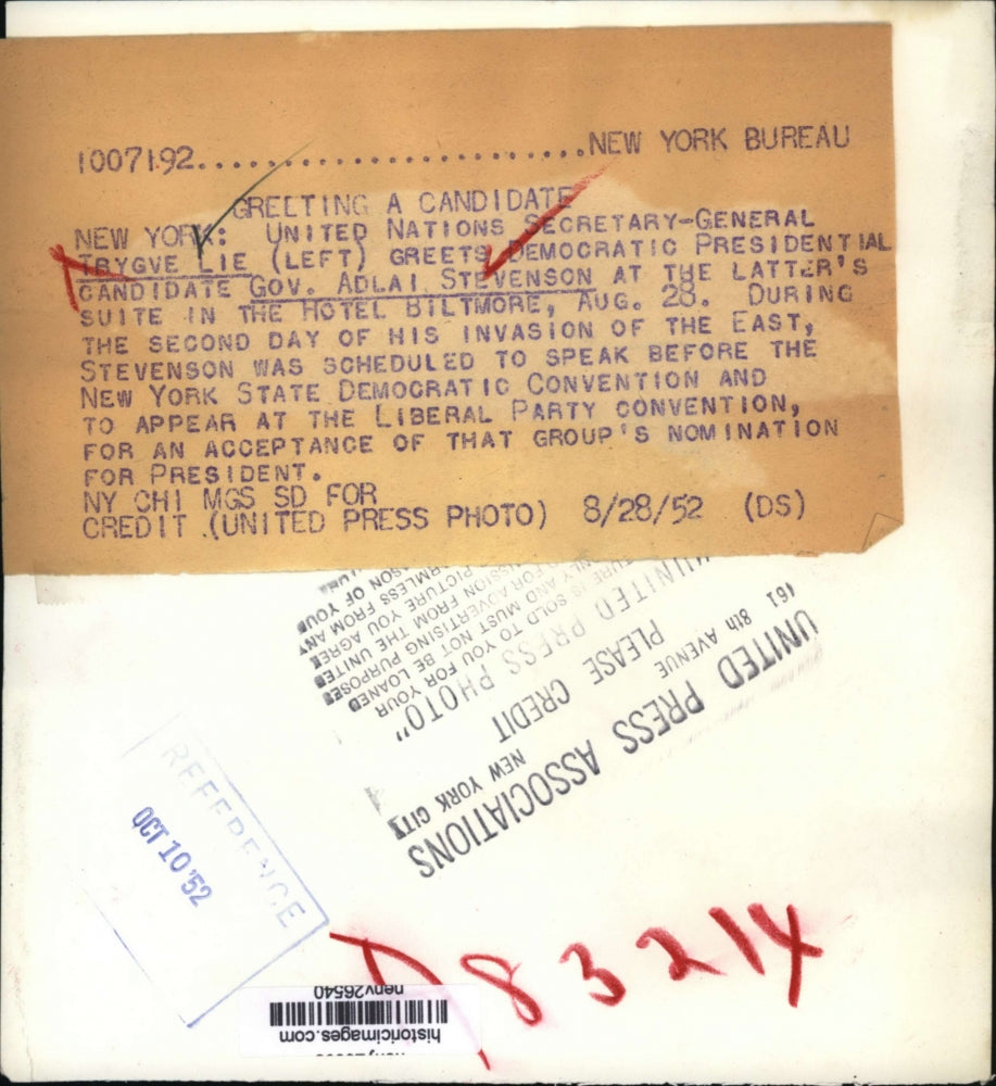1952 Press Photo New York Gov.Adlai Stevenson and U.N. Sec Gen. Trygve Lie NYC