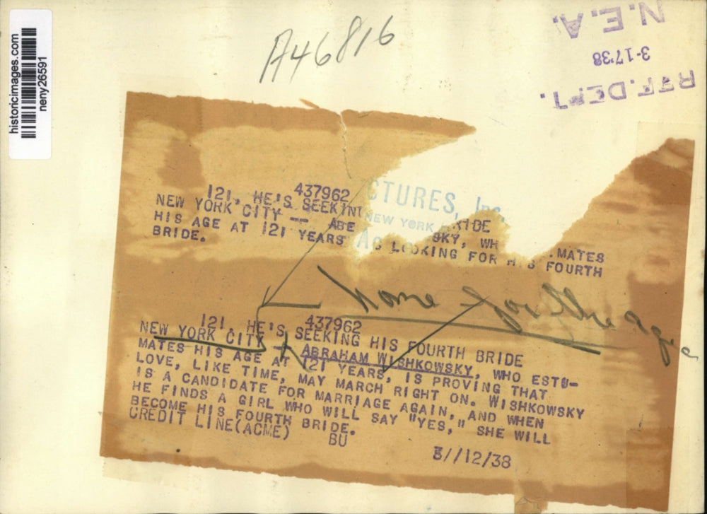 1938 Press Photo New York Abraham Wishkowsky 121, seek for his fourth bride NYC