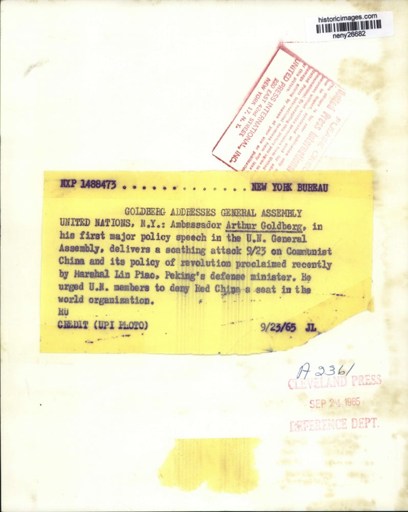 1965 Press Photo New York Ambassador Arthur Goldberg addresses the UN NYC