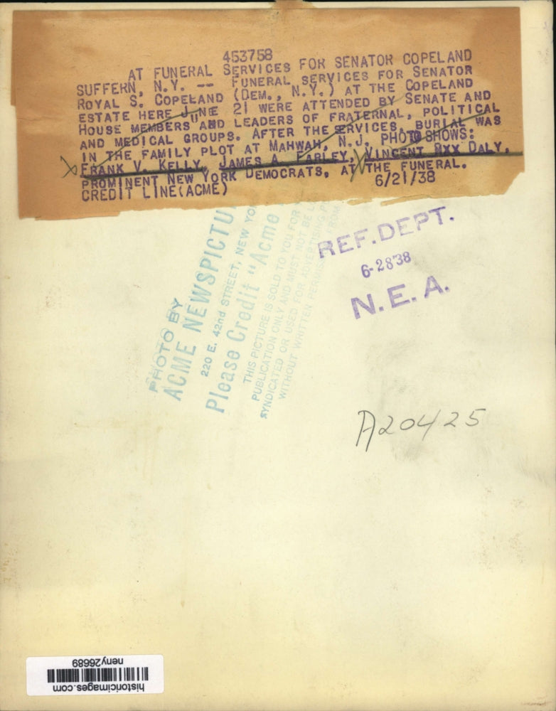 1938 Press Photo New York Sen RS Copeland funeral, F Kelly, J Farley from NYC