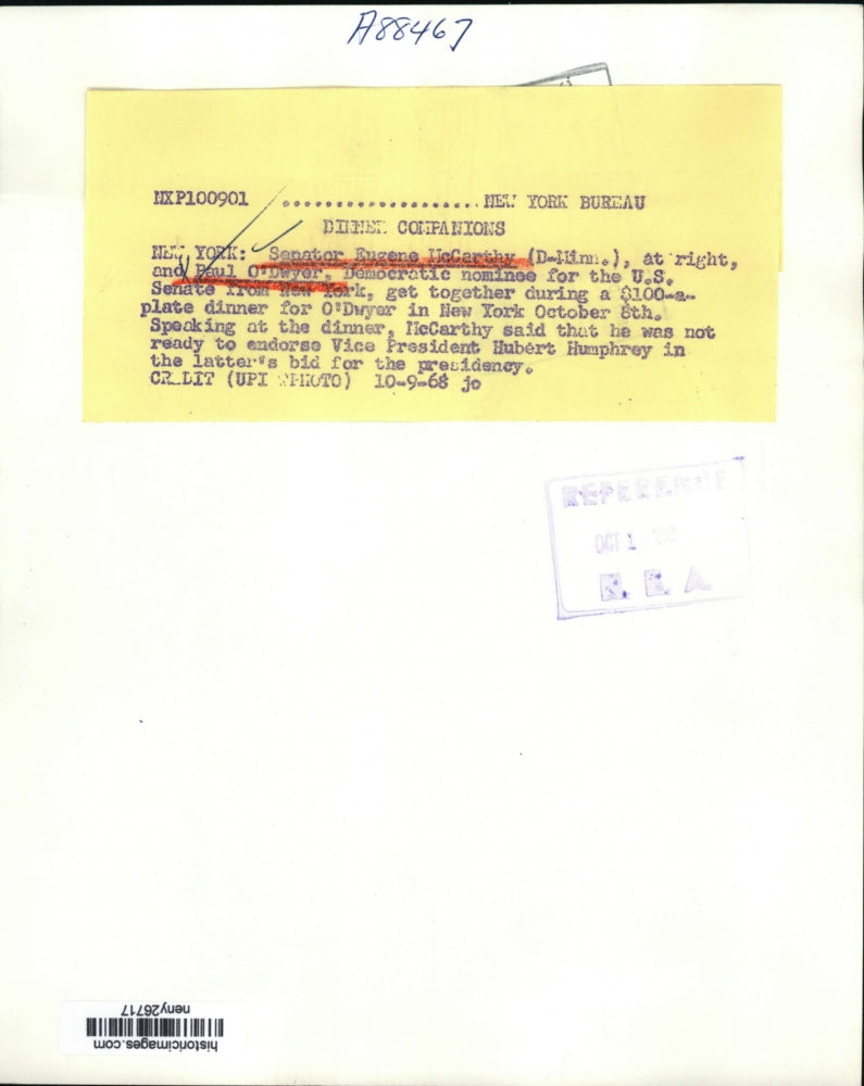 1968 Press Photo New York A $100-a-Plate Dinner for Paul O'Dwyer NYC - neny26717