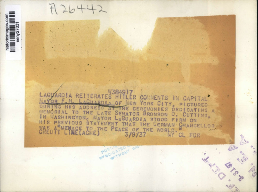 1937 Press Photo New York Mayor LaGuardia Addresses Cutting Memorial, Washington