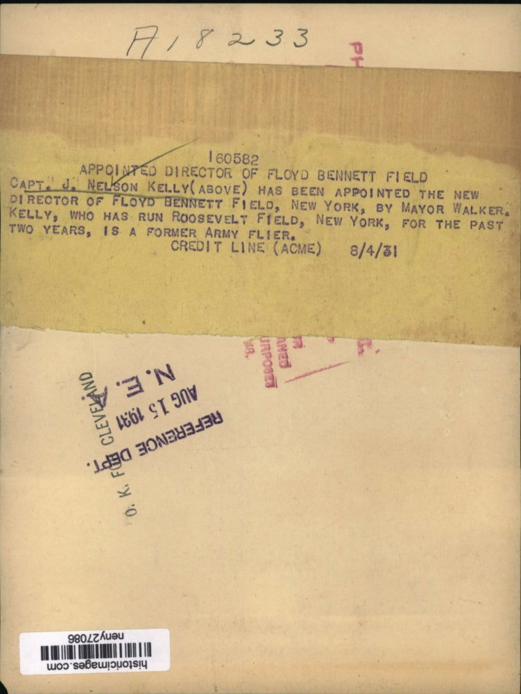 1931 Press Photo New York Captain J Nelson Kelly Director of Floyd Bennet NYC