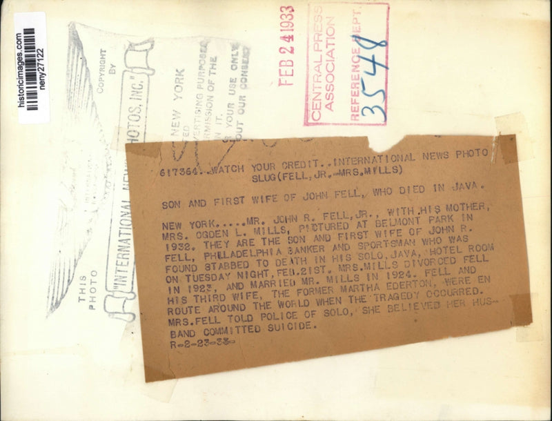 Load image into Gallery viewer, 1933 Press Photo New York John Fell Jr. Found Stabbed to Death in Java Hotel NYC

