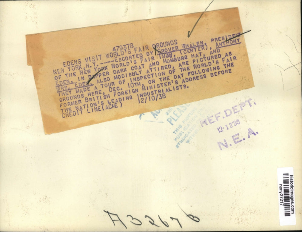 1938 Press Photo New York Anthony Eden Arrives for World's Fair NYC - neny27217