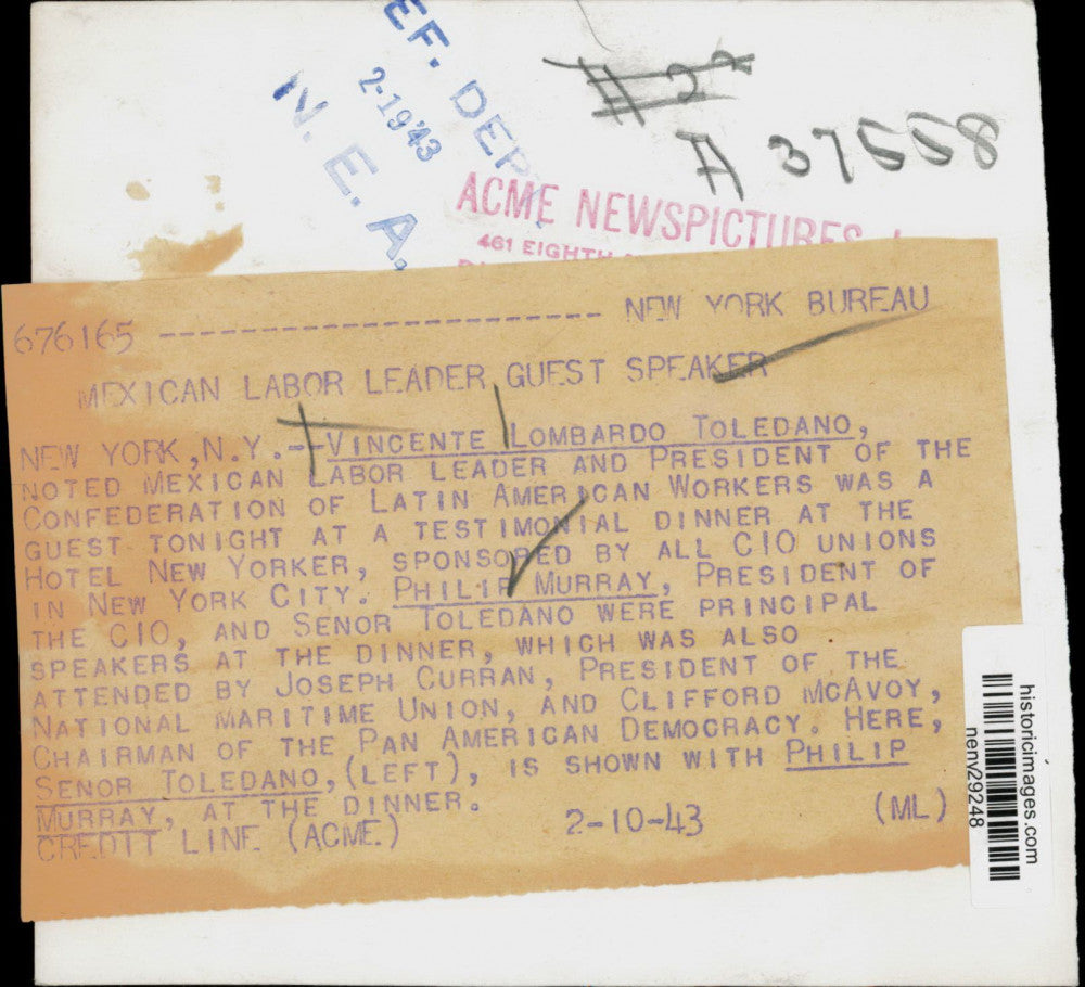 1943 Press Photo Mexican Labor Leader Vincente Toledano, Philip Murray in NY