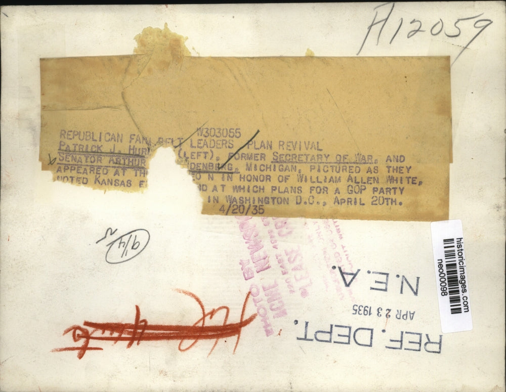 1935 Press Photo GOP's Patrick Hurly, ex-Secy of War, & Sen. Arthur Vandenberg