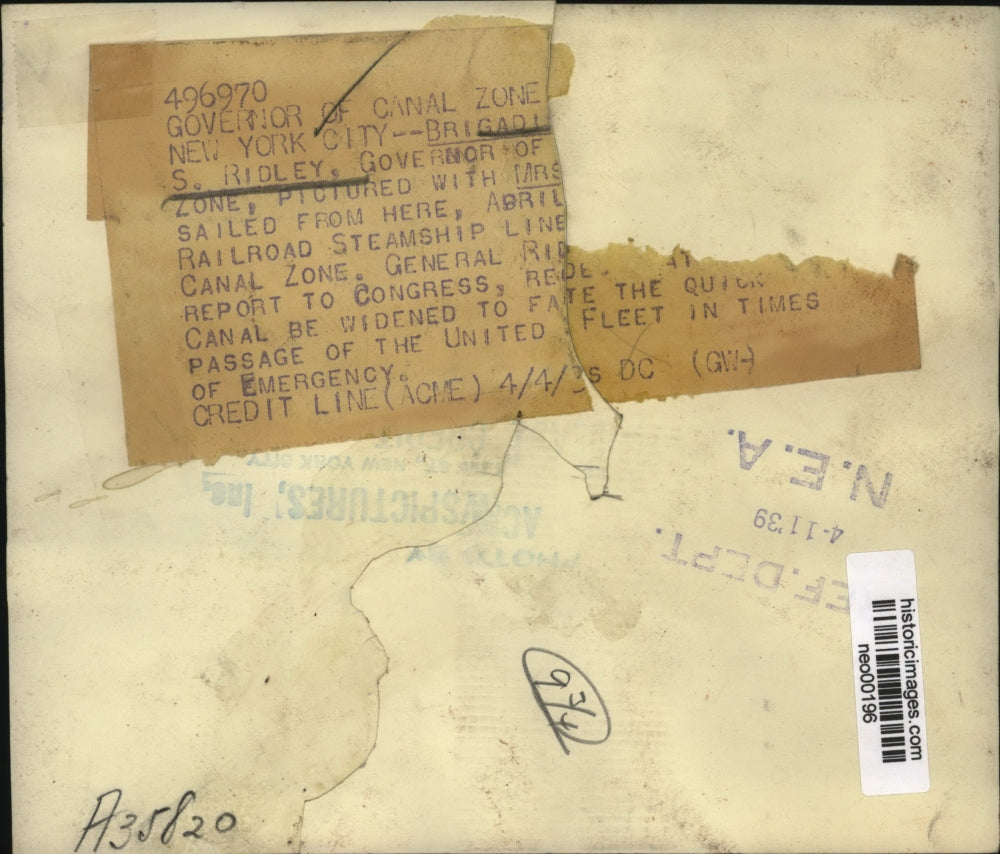 1939 Press Photo Clarence Ridley, governor of Panama Canal zone, and wife