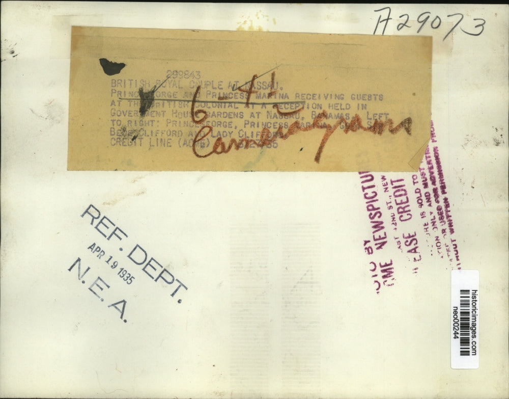 1935 Press Photo Prince George & Princess Marina receiving guests in Nassau