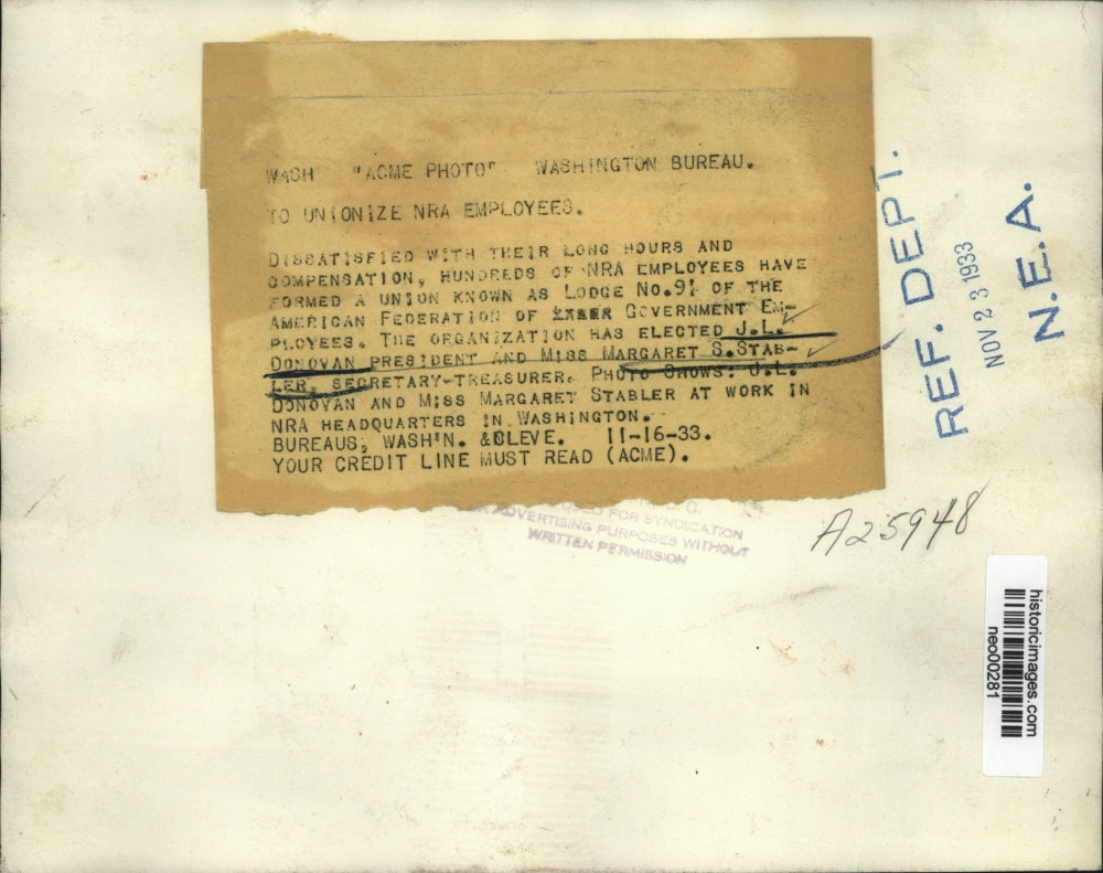 1933 Press Photo J. L. Donovan, Margaret Stabler to unionize NRA employees