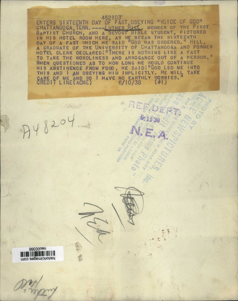 1938 Press Photo Luther Hill of First Baptist Church, Fasting in Tennessee