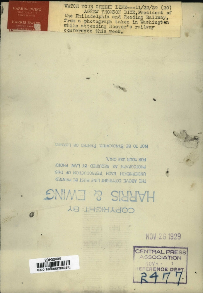 1929 Press Photo Agnew Thomson Dice, President of Philadelphia & Reading Railway