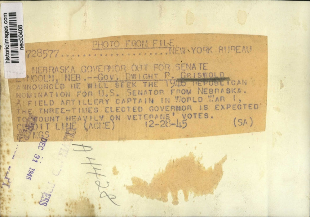 1945 Press Photo Nebraska Governor Dwight Griswold Nominated for U S Senate