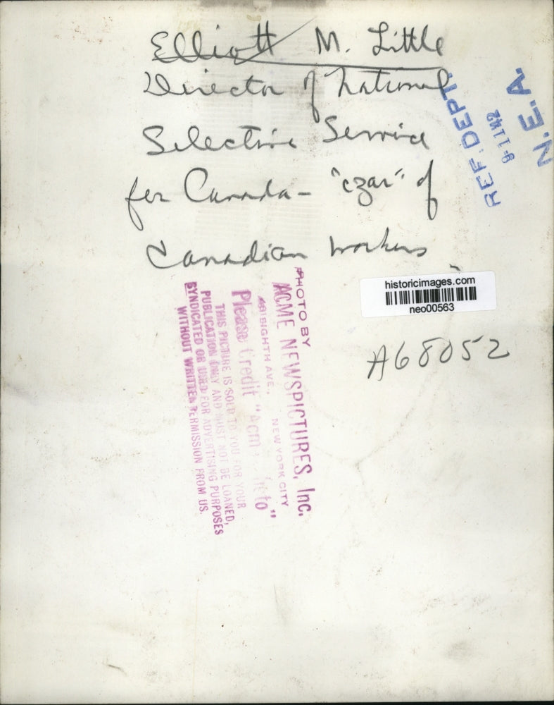 1942 Press Photo Elliott M. Little, National Selective Service, Canada