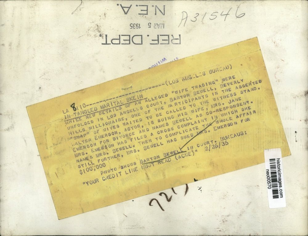 1935 Press Photo Barton Sewell in Court, Los Angeles for Alleged Wife Trading