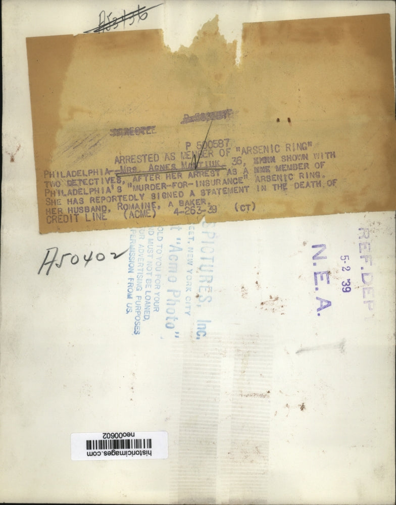 1939 Press Photo Agnes Mantiuk, Arrested as Member Philadelphia Arsenic Ring