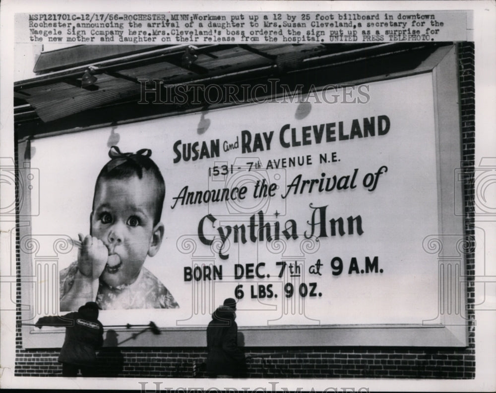 1956 Press Photo Billboard in Cleveland announces baby for Susan & Ray Cleveland