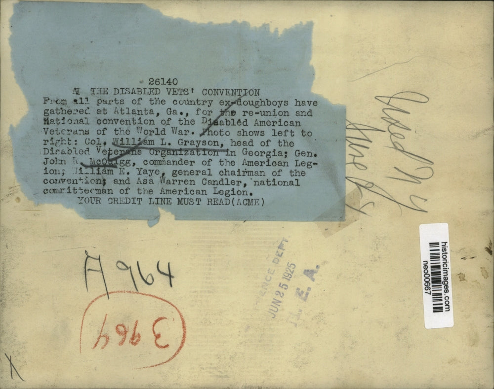 1925 Press Photo National convention of Disabled Vets Cool William Grayson