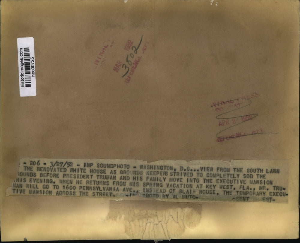 1952 Press Photo South lawn of the renovated White House for President Truman