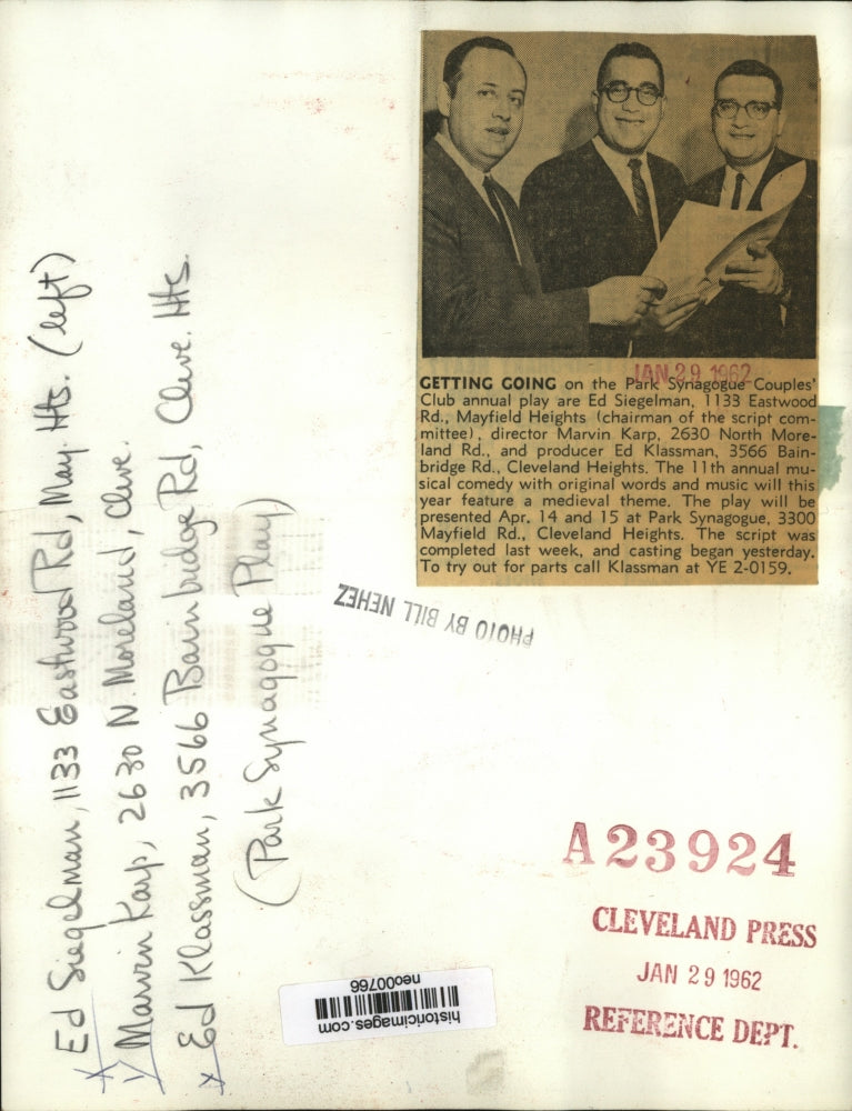 1962 Press Photo PArk Synagogue Club play Ed Sigelman, Marvin Karp - neo00766